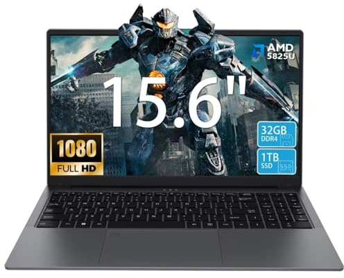 KurieTim Ordinateur portable de jeu avec AMD Ryzen 7 5825U (8C/16T, jusqu'à 4,5 GHz), 32 Go de RAM, SSD M.2 SATA 1 To, écran FHD de 15,6 et clavier rétroéclairé, lecteur d'empreintes digitales