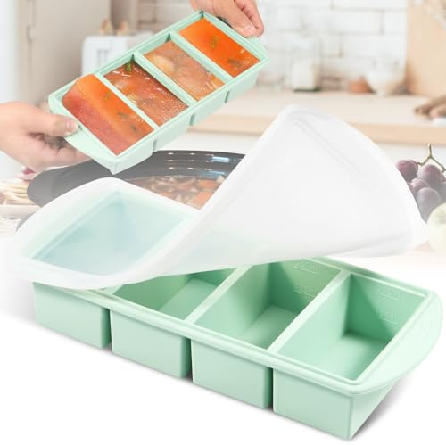 LuLobtg Silicone Freezing Tray with Lid, Easy-Release Food Freezer Trays Soup Freezer Containers, Large 30.5x13.5x5.5 cm Ice Cube Moulds for Sauce Meal Prep Chilled Drinks Whiskey(4 grid)