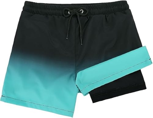 Zando Boys Swim Shorts with Compression Liner Anti-Chafe Swim Trunks Quick Dry Kids & Teen Beach Board Shorts, Black and Blue Gradient, 10-12 Years