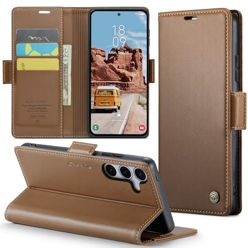 Rerzoiro fodral för Samsung Galaxy S25, premium PU-läder telefonfodral med RFID-blockering, ställ, kortplats, magnetiskt skydd, flip bok plånboksfodral för Samsung Galaxy S25, Brun