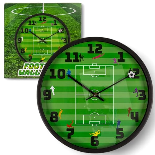 MIJOMA Wanduhr – Runde Quarzuhr mit lustigem Design-Ziffernblatt, analoger Zeitanzeige, batteriebetrieben, Moderne Deko-Uhr für Wohnzimmer, Küche & Büro (Fußball)
