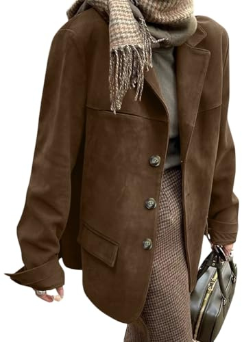ORANDESIGNE Wildlederjacke Damen Braun Wildleder-Optik Winterjacke Mit Revers Suede Jacket Herbst Winter Mode Langarm Mantel C Braun M