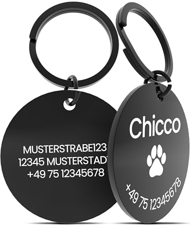 Hundemarke mit Gravur – ⌀30mm Robuster Hundeanhänger aus Edelstahl in Silber – Personalisierter Dog Tag mit Adresse auf der Rückseite (Rund Schwarz)