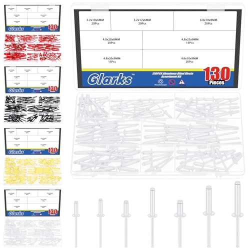 Glarks 130pcs 7 dimensioni Rivetti ciechi in alluminio bianco, Pop rivetto in acciaio mandrino in alluminio, Pop rivetti assortimento Kit, Grandi rivetti flangia per metallo, Mobili, Automotive