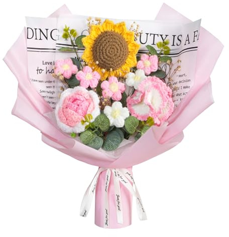 MEIVINES Bouquet di Fiori all'Uncinetto Completato Fiori Uncinetto Girasoli Rose Margherita Lavoro a Maglia Uncinetto Bouquet Per Gli Amici Famiglia Ufficio Vaso Decorativo