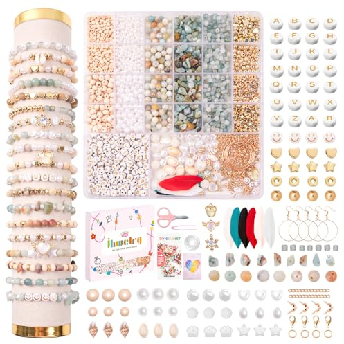 JHWELRG Natürliche Amazonit Edelsteinperlen,Perlen für Armbänder Natursteinperlen zum Auffädeln Kit mit Federn Anhänger für Bracelet Making Kit,Geschenke für Kinder Erwachsene Partys,Weihnachten