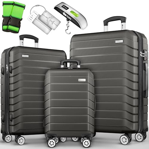 tillvex® Kofferset 3-teilig + Gepäckwaage, 2X Koffergurte & 3X Anhänger | Hartschale Reisekoffer Set 4x 360° Rollen | Trolley Gepäck Koffer mit TSA Schloss | Rollkoffer Hartschalenkofferset S-M-L-XL
