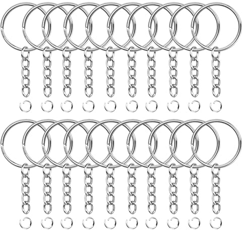 Porte-clés Avec Chaîne, 20 Pièces Porte Clef+20 Pièces Anneaux de Saut Ouverts, 25 mm, Anneau Porte Clé Avec Chainette pour Porte Clés et Loisirs Créatifs, Bricolage Bijou