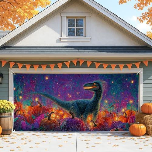 Fanciful - Cubierta para puerta de cochera de dinosaurio, decoraciones coloridas de calabaza de Halloween, decoración grande de temporada de otoño al aire libre, 157 x 71 pulgadas