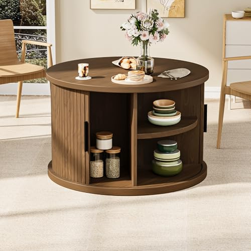 Wildhome Table basse ronde, 31,5 Fluted Accent Center, Table centrale avec porte coulissante, Mid Century Moderne pour salon Cercle Bois de noyer