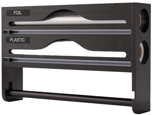 3 in 1 Food Film and Aluminium Foil Dispenser - Bamboo Kitchen Stand with Precise Cutter, Wall Sopaline Door/Drawer, Organized Storage for Rolls 30cm (Black, Two Layers)