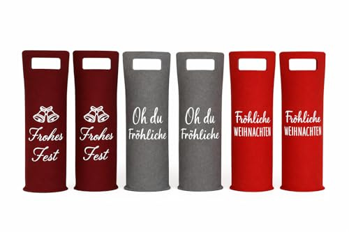 KAMACA 6er Set Flaschentaschen aus Filz mit Spruch Elegante Geschenktaschen für Wein- & Sektflaschen Weintaschen mit Tragegriff Weinverpackung Geschenk Advent Weihnachten (6er Set Filz Weihnachten)