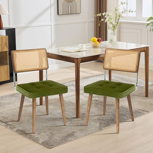 AffinityFurn Mid-Century Rattan Dining Chairs Set of 2, Boho Modern Velvet Dining Chair Upholstered Armless Kitchen Side Chairs with Metal Frame & Wood Legs for Restaurant & Home, Green