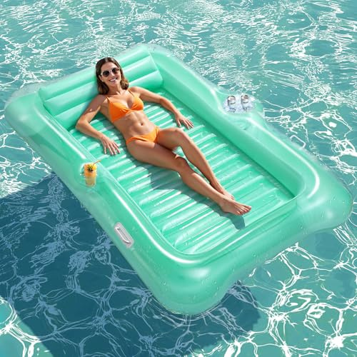 HeySplash Inflatable Pool Float Lounge, Large Inflatable Pool Floats Boat for Adults with Cup Holder & Detachable Pillow, Tanning Lounger Float for Lake River Summer Water, Crystal Clear Green