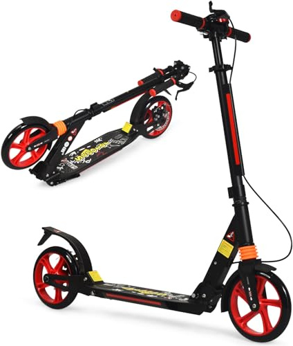 SPOTRAVEL Folding Kick Scooter, Adjustable Kids Scooter with Big Wheels, Shock-Absorbing Suspension and Carry Strap, Lightweight Aluminum City Scooter for Teens Adults (Black)