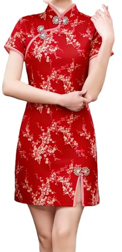 Zanisouta Robe de soirée chinoise élégante pour femme - Mini jupe Cheongsam Qipao Chipao - Robe fourreau vintage - Dragon et Phoenix - Col mandarin - Robe surdimensionnée sexy chinoise