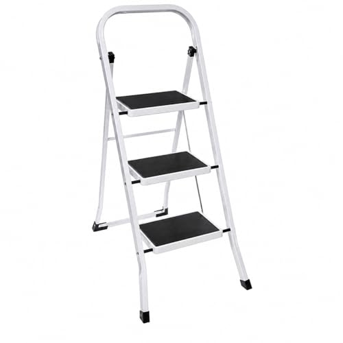 Marchepied Escabeau Pliable Métal 3 Marches Verrouillage de Sécurité Anse Rangement Facile Revêtement Anti-dérapant Charge Max 150kg - Blanc