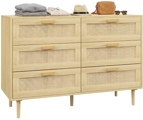 HOMCOM Chest of Drawers, 6 Drawer Dresser, Bohemian Rattan Element, Oak