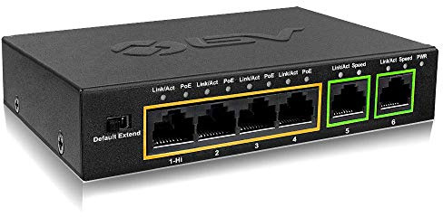 BV-Tech 6 Port PoE+ Switch (4 PoE+ Ports with 2 Ethernet Uplink and Extend Function) – 60W – 802.3at + 1 High Power PoE Port| Desktop Fanless Design | Plug & Play | Sturdy Metal Housing