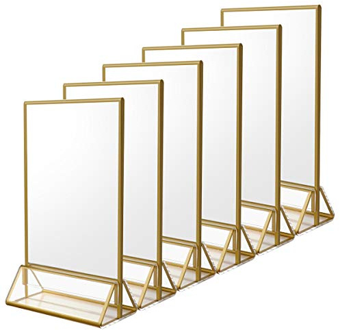 NIUBEE 6Pack 5 x 7 Clear Acrylic Wedding Table Number Holder Stands with Gold Borders, Double Sided Picture Frames Sign for Restaurant Menu Recipe Cards Photo Display