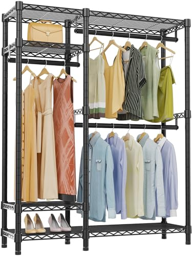 VIPEK V2 Heavy Duty Clothes Rack, Portable Metal Clothing Racks with 4 Tiers Adjustable Wire Shelving & 3 Hanging Rods, Freestanding Wardrobe Portable Closet Rack, Max Load 700LBS, Black