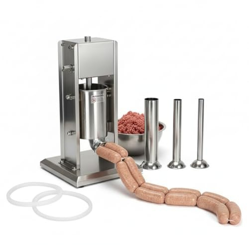 Melko Wurstfüllmaschine Wurstfüller 3 Liter Edelstahl inkl. 4 Füllrohre | Wurstspritze mit Entlüftungsventil gegen Luftblasen, 2-Gang-Getriebe, stabile Handkurbel, für Bratwurst, Salami und Wiener