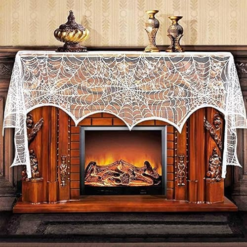 AerWo Halloween Fireplace Mantel Scarf, Halloween Decorations White Lace Spiderweb Fireplace Cover Festive Party Supplies,18 x 98 inch