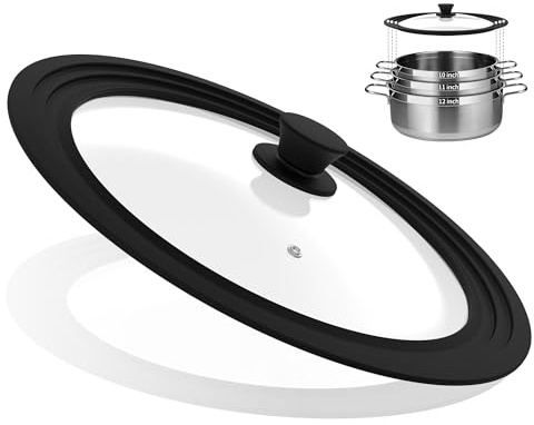 Universal Lid for Pots, Pans and Skillets Vented Tempered Glass with Heat Resistant Silicone Rim, Fits 10 inch, 11 inch, 12 inch Cookware, Replacement Lid, Black