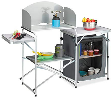Relaxdays Cuisine de Camping avec Protection Contre Le Vent, Sac Portable, Armoire, Aluminium et MDF, HBT: 111x147x46cm