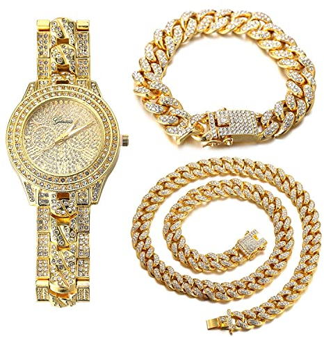 Halukakah Diamant Vergoldete Uhr, Herren 18 Karat Echt Vergoldet Kubanische Kette Eingelegtes Band Quarz Armband 24cm,mit Kubanischer Kette 20cm Armband + 45cm Halskette,Volle Cz Labordiamants