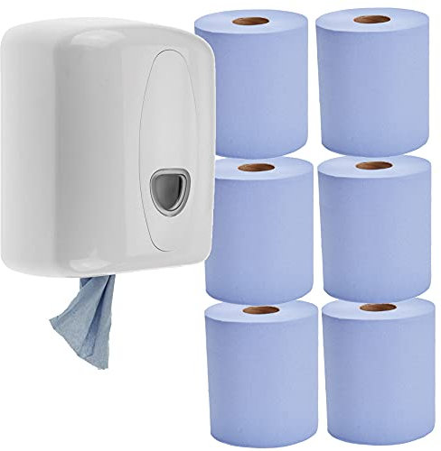 Centerfeed Paper Towel Dispenser Wall Mounted – Includes 6 Centre Pull Rolls – White, Commercial Grade, Hygienic Hands-Free Tissue Dispenser for Kitchens, Bathrooms, Offices, Garages