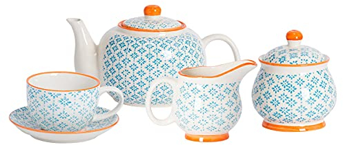 Nicola Spring 15pc Tea Set - Blue - 6-Person Dining Set Hand Printed Floral Pattern Teapot Teacups & Saucers Sugar Storage Pot and Milk Jug for Breakfast, Lunch, Tea Parties