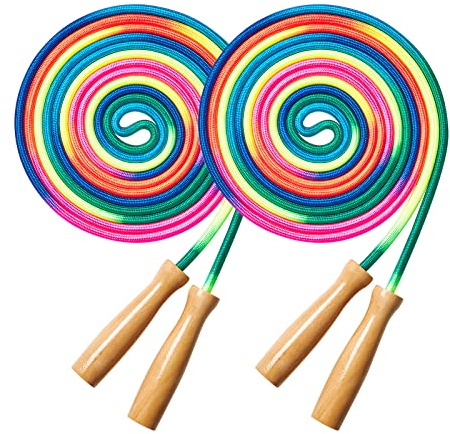 Fanhostco Lot de 2 cordes à sauter doubles hollandaises longues de 4,8 m pour enfants et adultes, corde à sauter arc-en-ciel pour multijoueur avec poignée en bois