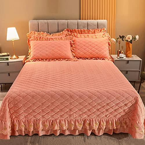 Doppelbett Tagesdecke / Bettdecke Bettüberwurf Kristallsamt 3PCS Bettwäsche-Set Baumwolle Gesteppte Tagesdecken Multifunktions Dickes Rutschfestes Bettlaken Mit 2 Kissenbezug 50x70cm,Orange-250x250cm