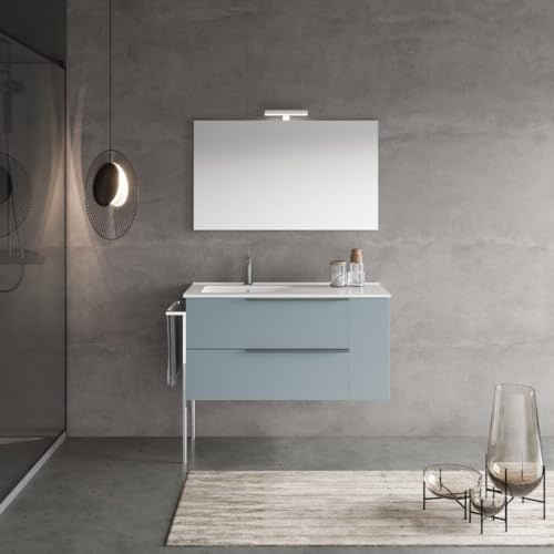 Kiamami Valentina Mueble DE BAÑO DE Pared 100CM Azul Claro Mate CAJONES, Lavabo DE CERÁMICA Izquierda | New York