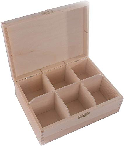 Wooden Box with 6 Sections & Clasp | 22.3 x 16.5x 8 cm | Accessories Storage Case Tea Bag Sewing Jewellery Caddy Organiser Divided Compartments | Natural Unpainted & Untreated Decorative Wood