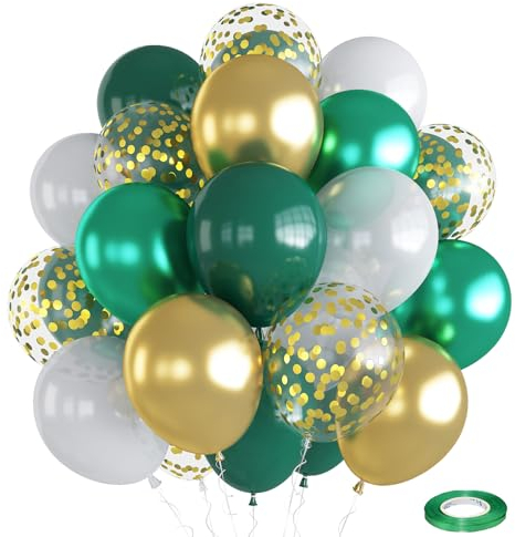 Green White Gold Balloons, 12 Inch Dark Green Metallic Chrome Green Gold Confetti White Latex Balloons, 35pcs Green Gold Party Balloons Decoration for Jungle Safari Dinosaur Birthday Party Baby Shower