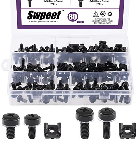 Swpeet 80 confezioni di 4 misure M5 M6 nero per computer con dadi e viti con kit di assortimento di rondelle in metallo e plastica, dadi a gabbia e viti di montaggio
