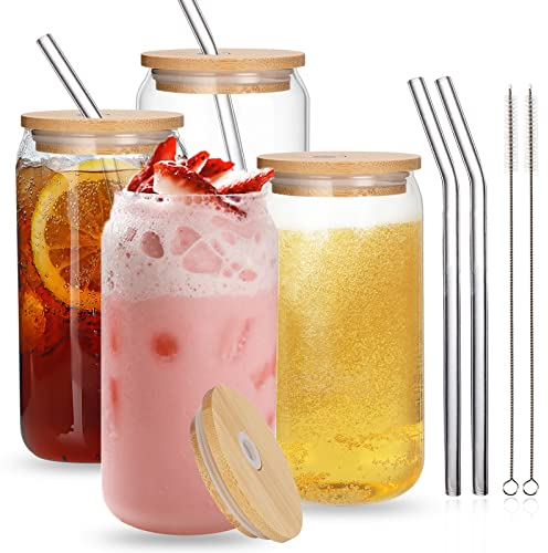 UHAPEER Cocktail Gläser 4er Set, Bier Glas 550ml/19oz, Can Longdrinkglas, Eiskaffee Gläser mit 4 Bambusdeckeln und Strohhalm, Trinkglas in Dosenform für Familie, Camping, Party, Bar