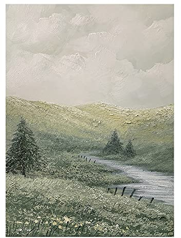 Handgemalte Acrylbilder,Moderne Abstrakte Grüne Textur Grasland Hügel Bäume Stream Landschaft Artwork Rahmenlose Original Handgemalte Ölgemälde Auf Leinwand Wandkunst Für Wohnzimmer Schlafzimm