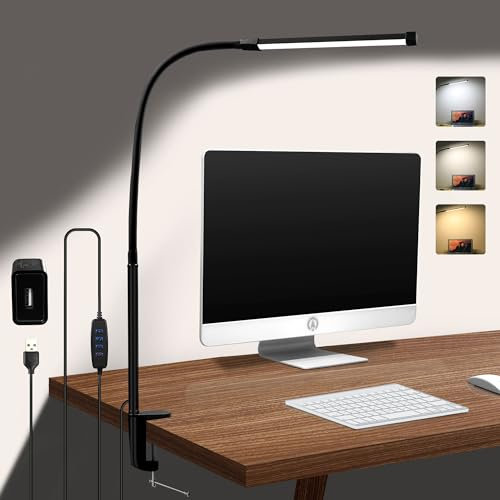 CUHIOY Desk Lamp with Metal Clamp, USB Powered Eye-Caring LED Desk Light with Plug, 3 Colors 10 Brightness, Flexible Gooseneck Clip on Table Lamp for Home Office, Work, Reading, Nail, Craft, Architect