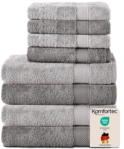 Komfortec Set di 8 asciugamani in 100% cotone, 4 teli da bagno 70 x 140 e 4 asciugamani da 50 x 100 cm, spugna, morbido, towel, grande, Grigio Antracite/Argento