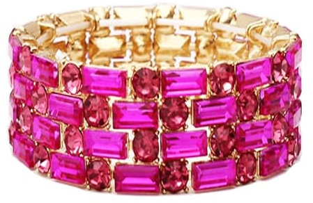 QLLYHLH Brides Bridesmaid Stretch Bangle Bracelet Austrian Crystal wedding Party costume Events Accessories for woman(Fuchsia-Gold Plated, Alloy)
