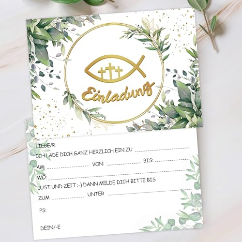 Wentsent 12x Einladungskarten Kommunion mit 12x Umschlag Einladungskarten Taufe Erstkommunion Konfirmation Einladung Firmung für Jungen und Mädchen, Fisch Sakrament Dekoration