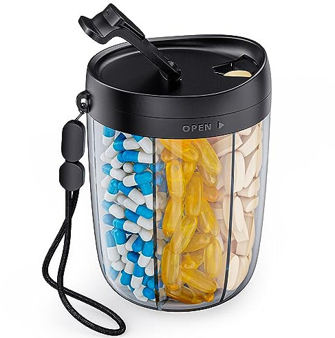 AUVON Tablettenbox 6 Fäche 7 Tage, Pillendose Rund mit Großen Separaten Fächern(5+1XL Fach), Tragbare Medikamentenbox Pillenbox für Unterwegs Vitamine, Fischöl, Medikamente, Nahrungsergänzungsmittel