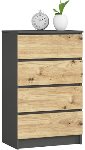 AKORD Kommode K60 60 cm | 4 Schubladen | Schrank | für das Wohnzimmer | für das Schlafzimmer | B60 x H99 x T40 cm | Gewicht 29,90 kg | Graphitgrau/Artisan Eiche