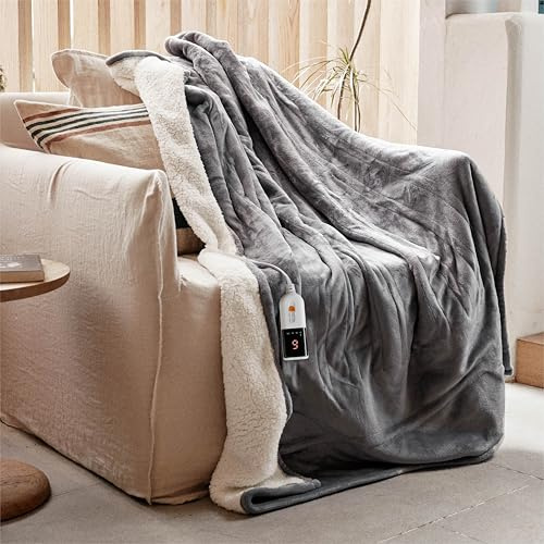 GOTCOZY Heizdecke Wärmedecke 130x180cm mit Abschaltautomatik Grau | 9 Heizstufen,10 Stunden Timer,Weicher Flanell Wärmedecke Elektrisch,Überhitzungsschutz Kuscheldecke für Bett&Büro Waschbar