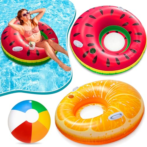 Chennyfun 3 Stück Aufblasbare Schwimmringe Set, Aufblasbar Früchte Schwimmring Schwimmsessel, Kinder Luftmatratze Schwimmhilfe Wasserspielzeug für Pool Strand für Erwachsene & Kinder