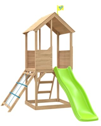 TP Toys - Treehouse Wooden Play Tower, With Panel Kit, Balcony, Wavy Slide With Slide Lock & Swing Arm. Two-storey Wooden Playhouse, Lookout Deck, Made From FSC Certified Wood - Age 3 Years+