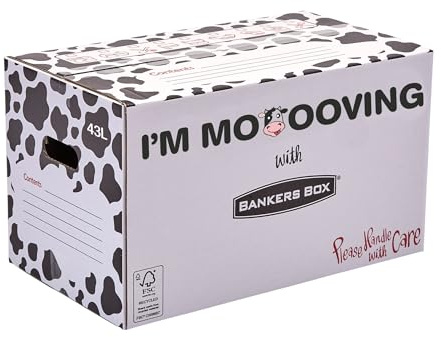 Bankers Box 10 Strong Moving Boxes, 43l Large Cardboard Boxes, for Packing and Moving House with Handles, 51cm × 29cm × 29cm (Pack of 10). Cow Print